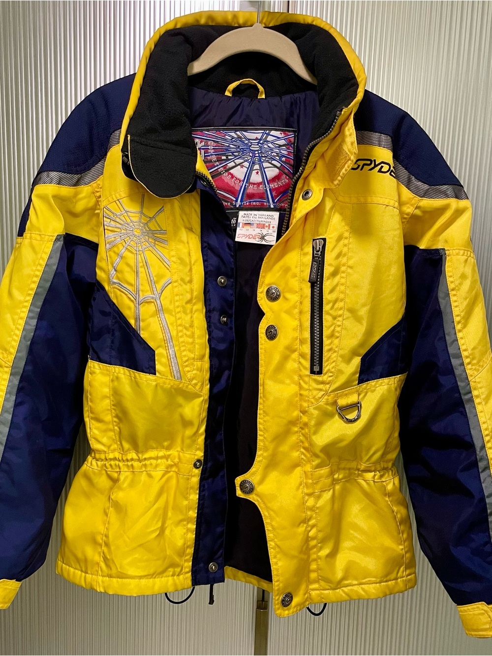 Spyder Ski Jacket Yellow/Blue Winter Jacket Reflective Trim Hooded Size 14 Boys